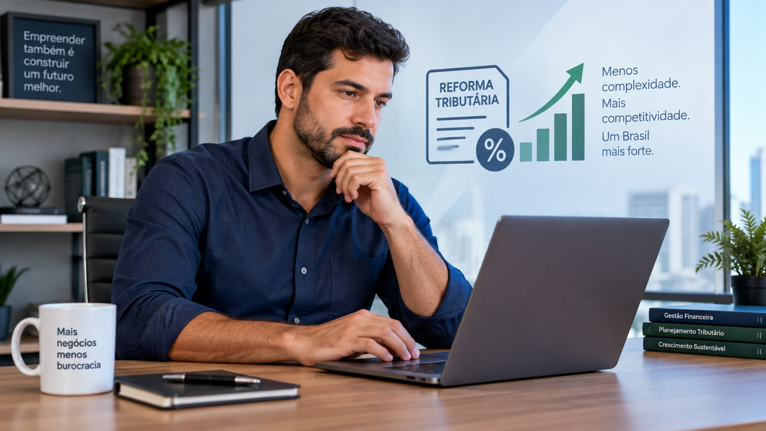 Empresário brasileiro analisando gráficos financeiros no notebook em escritório moderno, representando os impactos da Reforma Tributária de 2027 para empresas